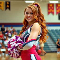 A beautiful redhead cheerleader in a vibrant cheerleading outfit, posing confidently with a bright smile