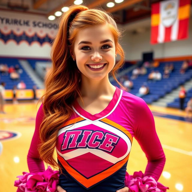 A beautiful redhead cheerleader in a vibrant cheerleading outfit, posing confidently with a bright smile