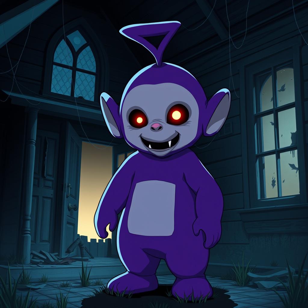 An anime-style Teletubby that looks scary, standing in an abandoned house in the dark