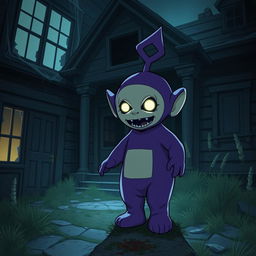 An anime-style Teletubby that looks scary, standing in an abandoned house in the dark