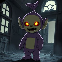 An anime-style Teletubby that looks scary, standing in an abandoned house in the dark