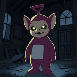 An anime-style Teletubby that looks scary, standing in an abandoned house in the dark