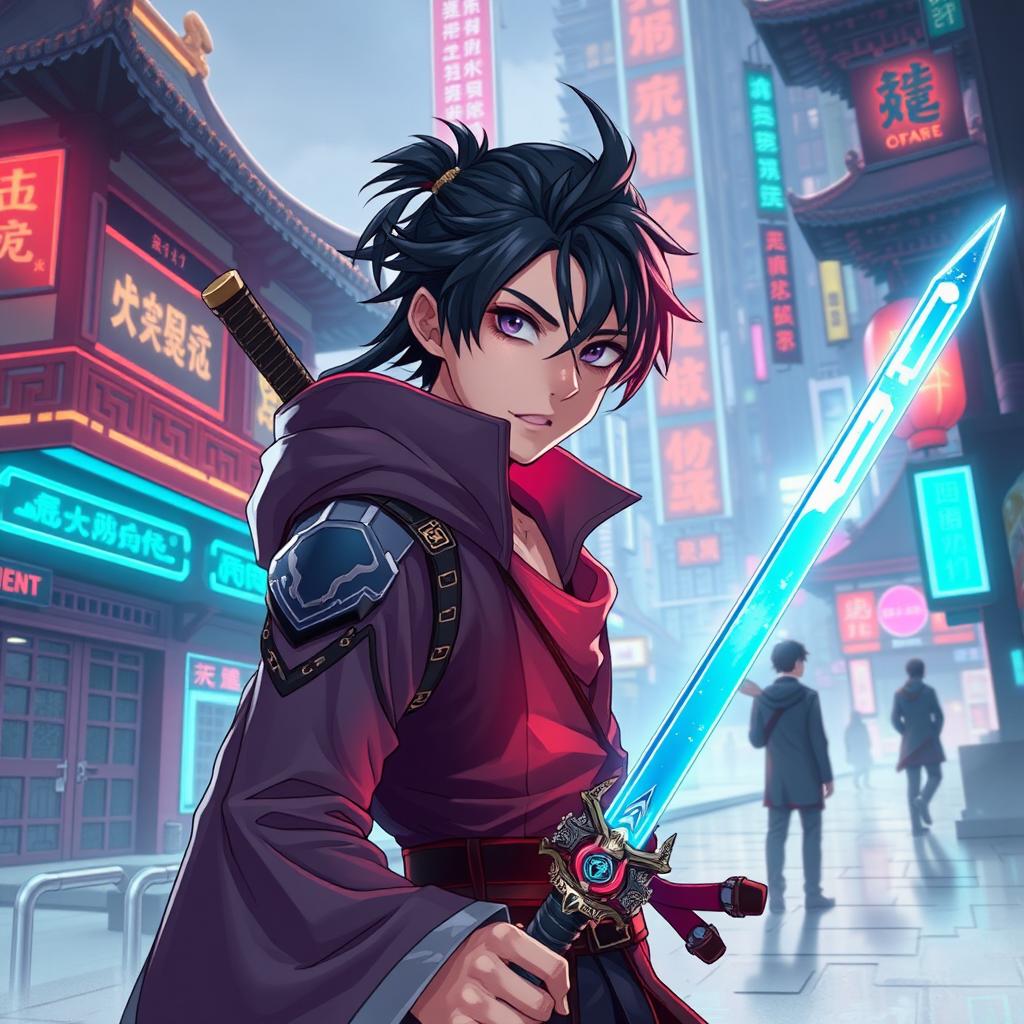 A cyberpunk scene with elements of xianxia and Japanese anime style featuring a young male protagonist