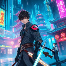 A cyberpunk scene with elements of xianxia and Japanese anime style featuring a young male protagonist