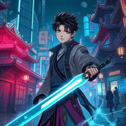 A cyberpunk scene with elements of xianxia and Japanese anime style featuring a young male protagonist