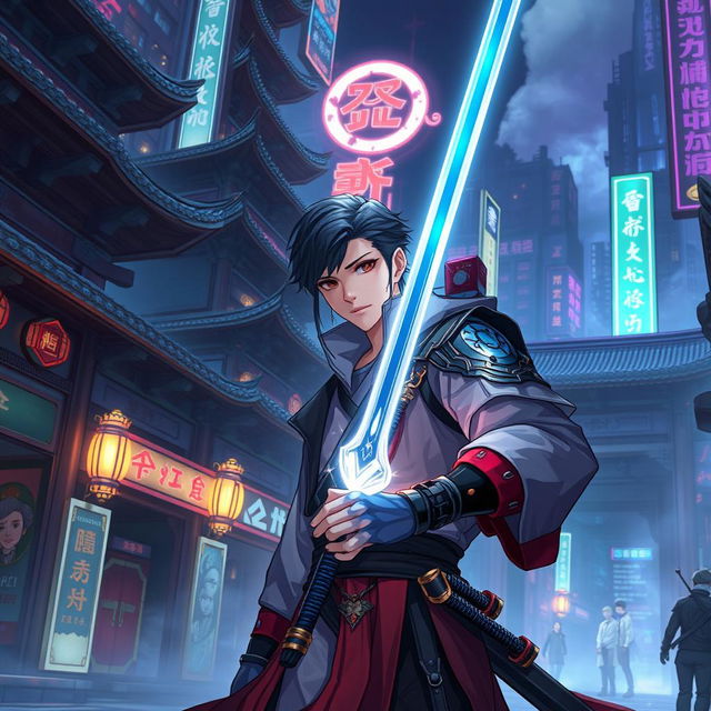 A cyberpunk scene with elements of xianxia and Japanese anime style featuring a young male protagonist