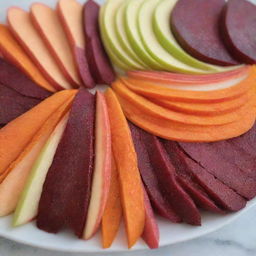 A healthy and vibrant mix of fresh apple, beetroot, and carrot, each sliced and arranged neatly side by side, showcasing the unique textures and radiant colors.