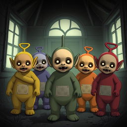 Several Teletubbies of different colors in an anime style that look scary, standing in an abandoned house in the dark