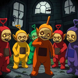 Several Teletubbies of different colors in an anime style that look scary, standing in an abandoned house in the dark