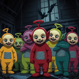 Several Teletubbies of different colors in an anime style that look scary, standing in an abandoned house in the dark