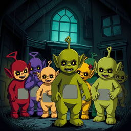 Several Teletubbies of different colors in an anime style that look scary, standing in an abandoned house in the dark