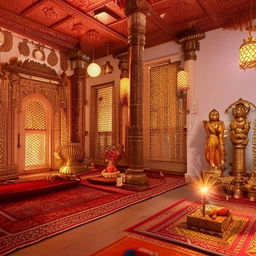 A tranquil Pooja room furnished with gleaming brass statues, carved teakwood furniture, sandalwood incense filling the air, warm glow from oil lamps illuminating ornate patterns on vibrant carpets, all under a floral ceiling.