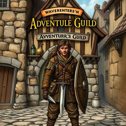 An old fantasy novel cover featuring an adventurer standing in front of the adventurer's guild