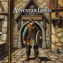 An old fantasy novel cover featuring an adventurer standing in front of the adventurer's guild