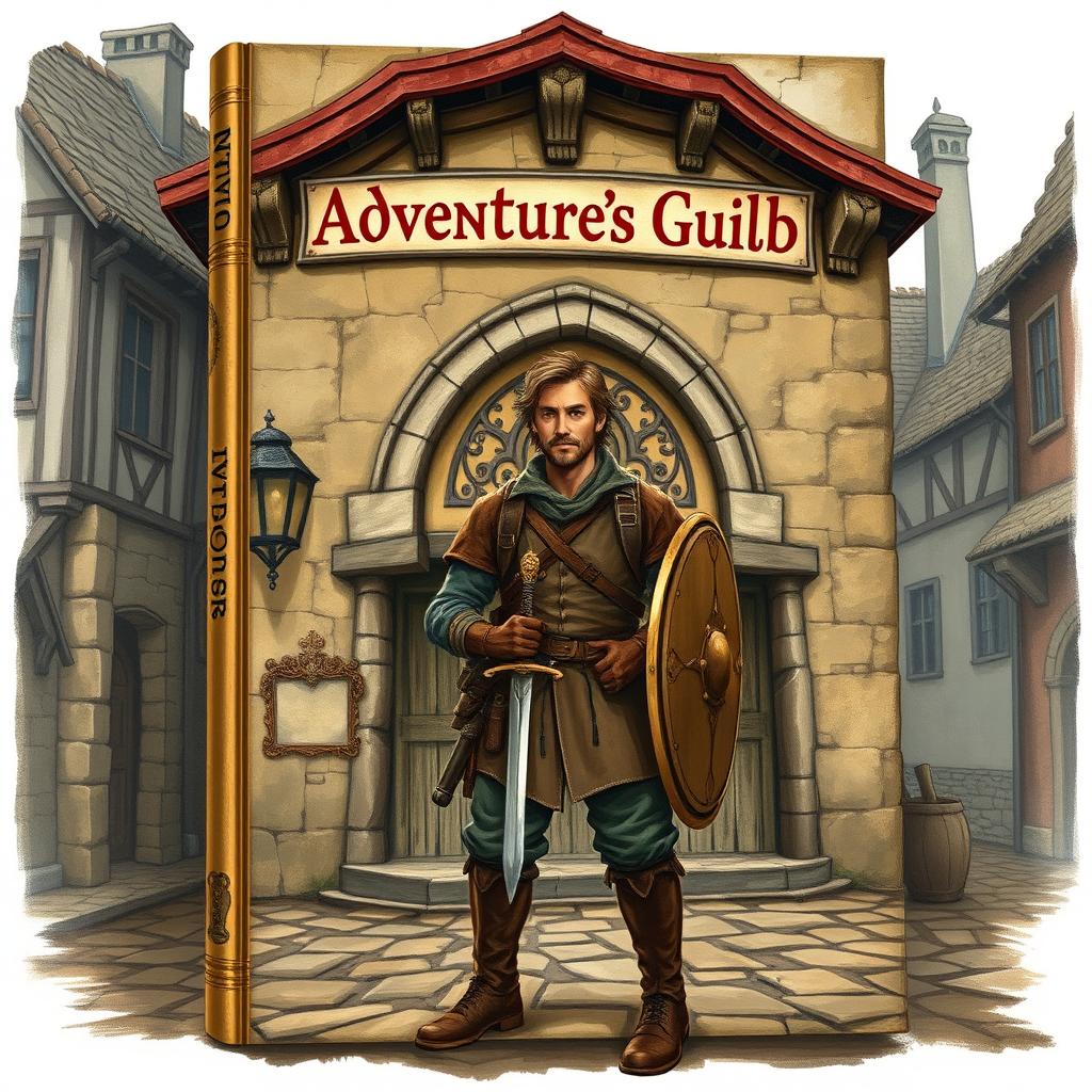 An old fantasy novel cover featuring an adventurer standing in front of the adventurer's guild