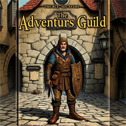 An old fantasy novel cover featuring an adventurer standing in front of the adventurer's guild