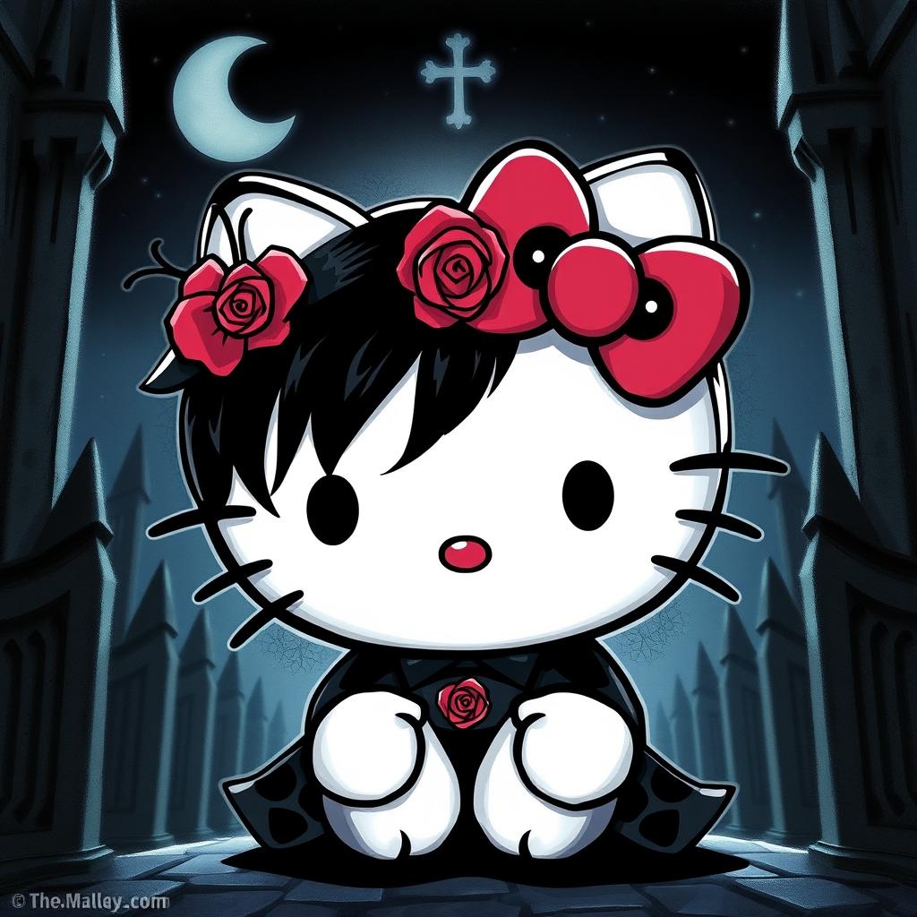 Create an image of Hello Kitty in a goth style