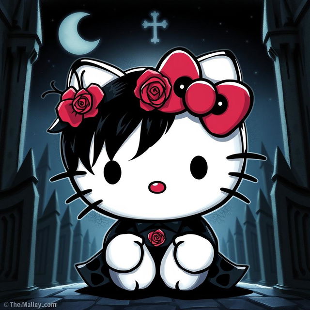 Create an image of Hello Kitty in a goth style