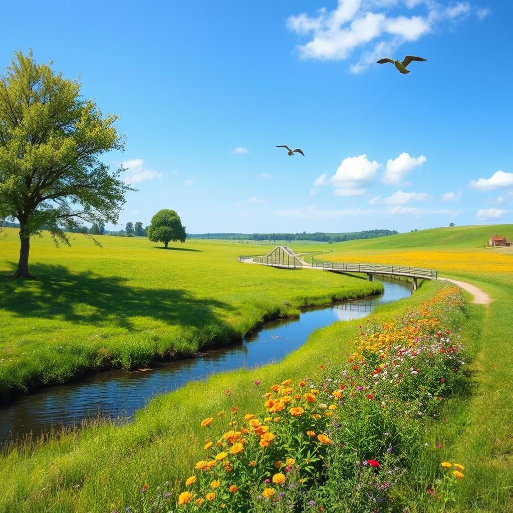 A serene landscape with a clear blue sky, lush green meadows, and a gentle river flowing through the scene