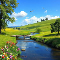 A serene landscape with a clear blue sky, lush green meadows, and a gentle river flowing through the scene