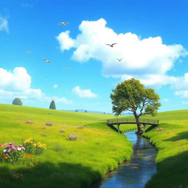 A serene landscape with a clear blue sky, lush green meadows, and a gentle river flowing through the scene