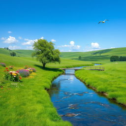 A serene landscape with a clear blue sky, lush green meadows, and a gentle river flowing through the scene