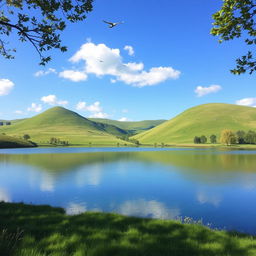 A beautiful landscape with a clear blue sky, lush green hills, and a serene lake reflecting the sky