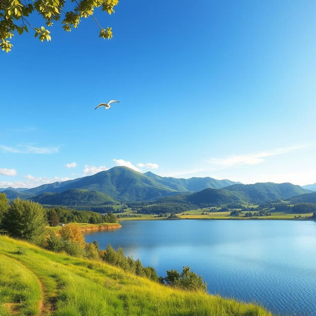 A beautiful landscape with a clear blue sky, lush green hills, and a serene lake reflecting the sky