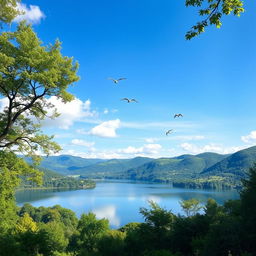 A beautiful landscape with a clear blue sky, lush green hills, and a serene lake reflecting the sky