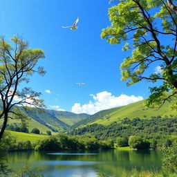 A beautiful landscape with a clear blue sky, lush green hills, and a serene lake reflecting the sky