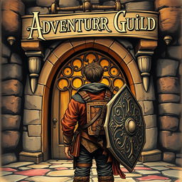 An old fantasy novel cover featuring an adventurer standing in front of the adventurer's guild