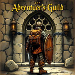 An old fantasy novel cover featuring an adventurer standing in front of the adventurer's guild