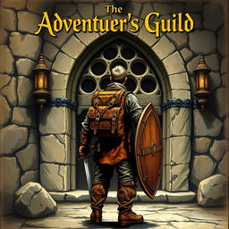 An old fantasy novel cover featuring an adventurer standing in front of the adventurer's guild