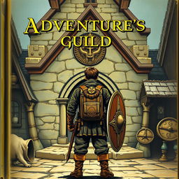 An old fantasy novel cover featuring an adventurer standing in front of the adventurer's guild