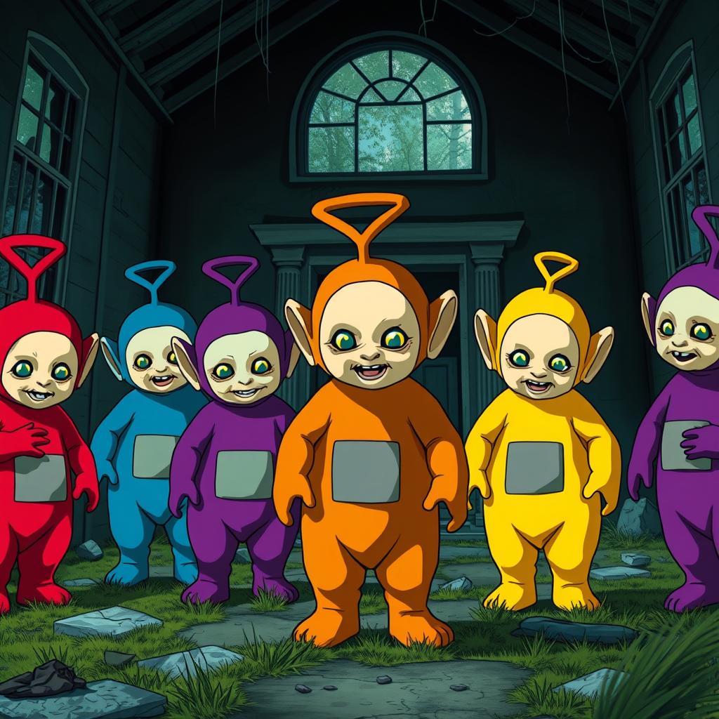 Several Teletubbies of different colors in an anime style that look scary, standing in an abandoned house in the dark