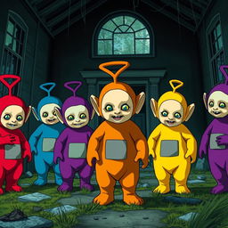 Several Teletubbies of different colors in an anime style that look scary, standing in an abandoned house in the dark