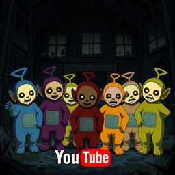 Several Teletubbies of different colors in an anime style that look scary, standing in an abandoned house in the dark