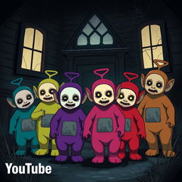 Several Teletubbies of different colors in an anime style that look scary, standing in an abandoned house in the dark