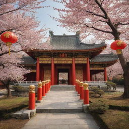 A majestic Chinese temple adorned with intricate gold carvings and vibrant red lanterns, tucked within a serene, blossoming cherry blossom garden.