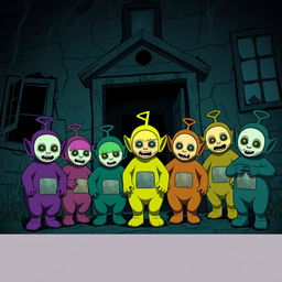 Several Teletubbies of different colors in an anime style that look scary, standing in an abandoned house in the dark