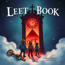 Create a book cover featuring a key and a grandfather clock