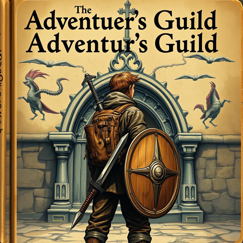 An old fantasy novel cover featuring an adventurer standing in front of the adventurer's guild