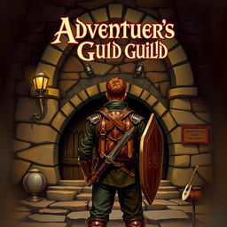 An old fantasy novel cover featuring an adventurer standing in front of the adventurer's guild