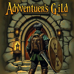 An old fantasy novel cover featuring an adventurer standing in front of the adventurer's guild