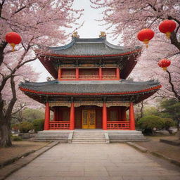 A majestic Chinese temple adorned with intricate gold carvings and vibrant red lanterns, tucked within a serene, blossoming cherry blossom garden.