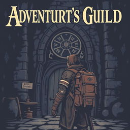 An old fantasy poster cover featuring an adventurer standing in front of the adventurer's guild