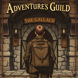 An old fantasy poster cover featuring an adventurer standing in front of the adventurer's guild