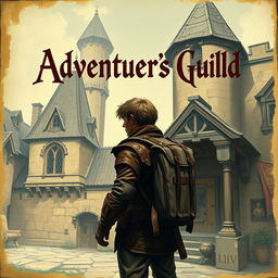 An old fantasy poster cover featuring an adventurer standing in front of the adventurer's guild