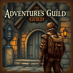 An old fantasy poster cover featuring an adventurer standing in front of the adventurer's guild