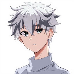 A detailed illustration of an anime boy with white hair and black streaks